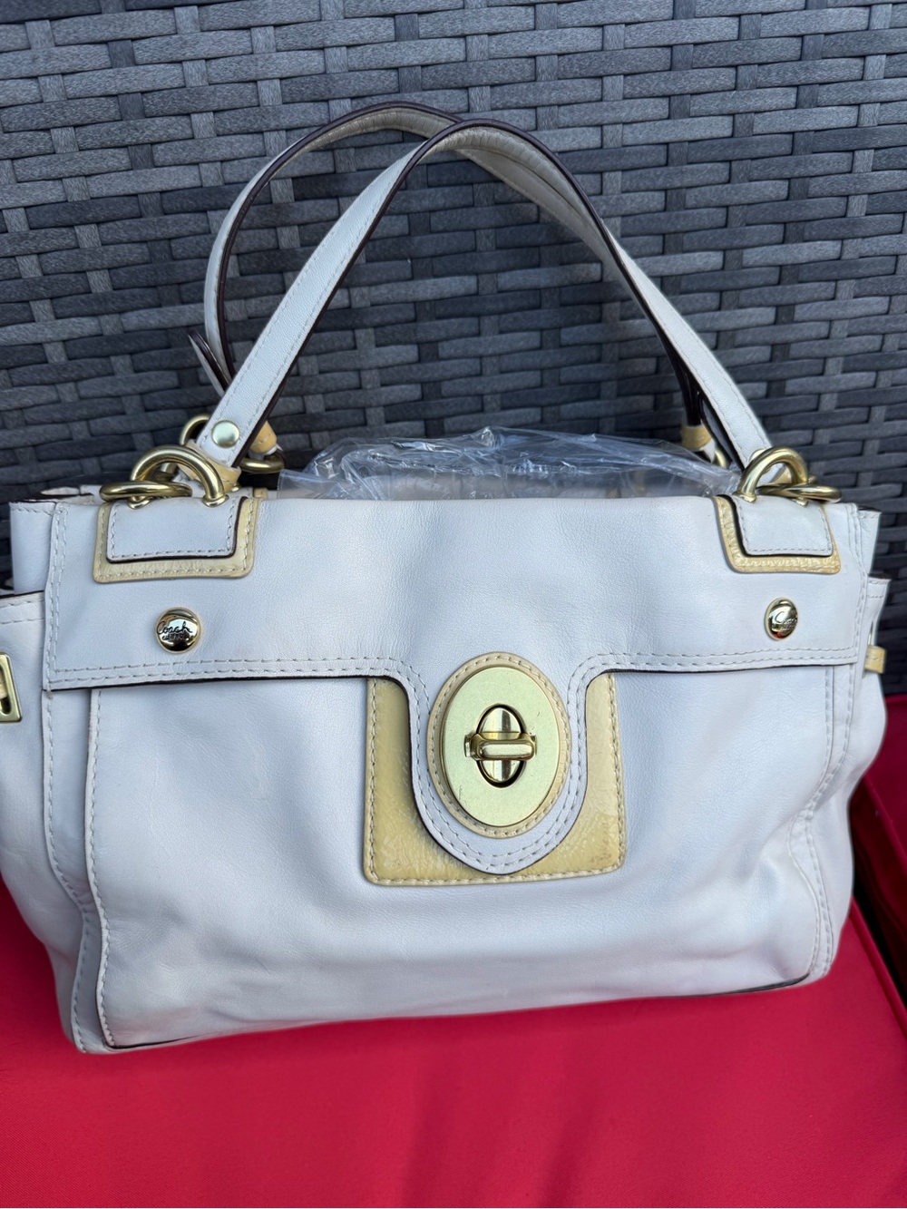 Coach Peyton Carryall handbag w/ pale yellow patent trim and gold-tone hardware
